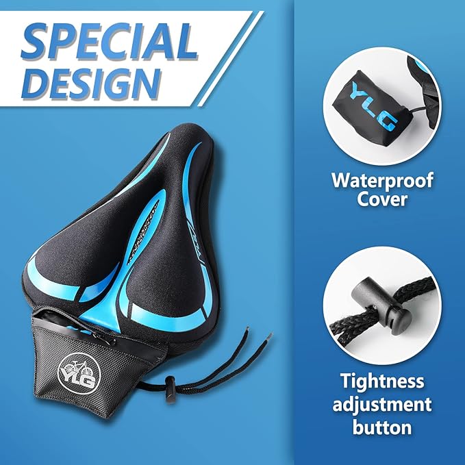YLG Bike Seat Cover, Memory Foam & Gel Bike Seat Cushion Cover for Men Women, Comfortable Bicycle Seat Cover for Peloton/Fixed/Cruiser/Indoor/Outdoor Bike seat with Waterproof Cover