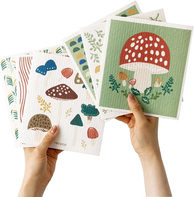 RECYCO Swedish Dishcloths for Kitchen | 6 Packs Forest Mushroom Washable Dish Rags | Cellulose Reusable Cleaning Paper Towels | Absorbent Counter Dish Cloth Sponge Kitchen Wipes, 8" L x 7" W