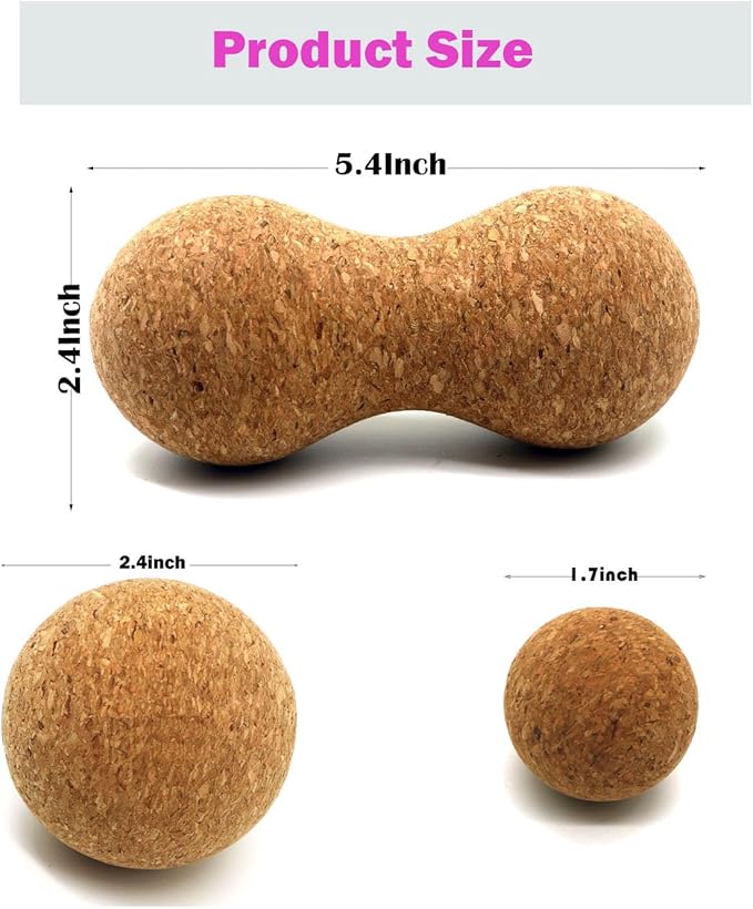 Cork Massage Ball Set for Fascia Release After Exercise, Yoga,Trigger Point Therapy, Relax Muscles, and Relieve Stress,Set of 3 (5.4"*2.4"+2.4"+1.7" Lacrosse Massage Balls