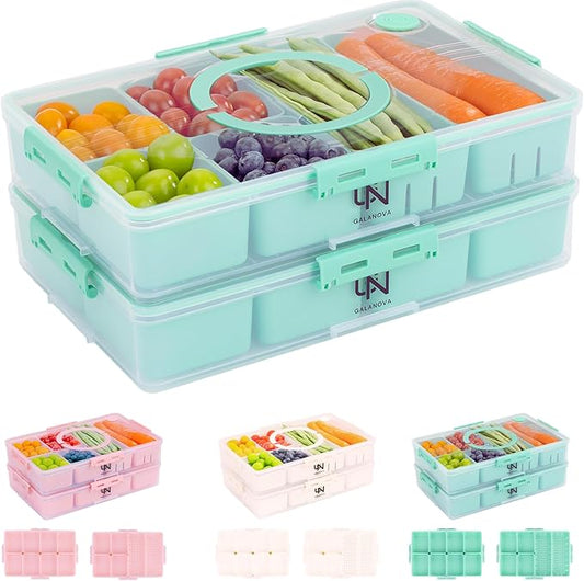 Stackable Snackle Box Container with 2 Lids - BPA-Free Snackle box Organizer, Dishwasher & Microwave Safe Reusable Snacklebox for Veggies, Fruits, Charcuterie, Snacks (Green, 2 Pack)