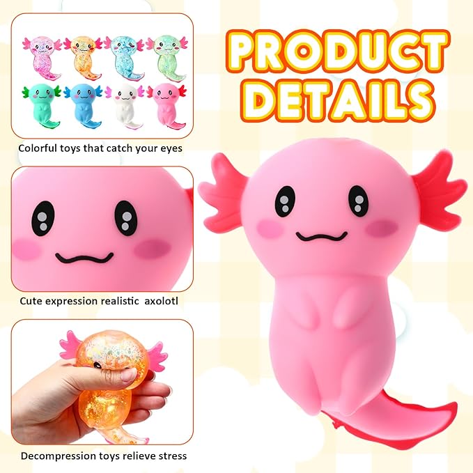 Meooeck 12 Pack Axolotl Stress Relief Toys Glitter Axolotl Starfish Stress Balls Fun Relaxing Squeeze Fidget Toys Relieve Anxiety Squeeze for Birthday Party Goodie Bag Stuffers(Cute)