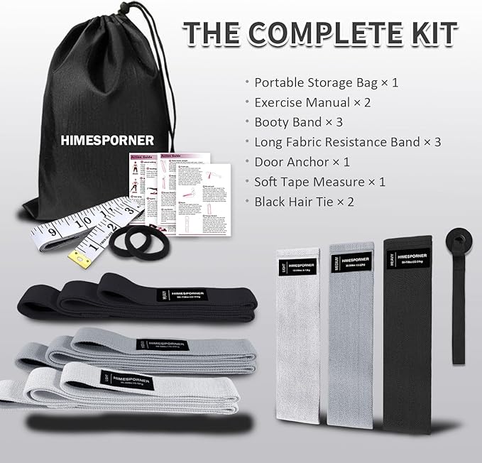 9 PCS Fabric Resistance Bands Set for Working Out, Non-Slip Exercise Booty Bands for Women & Men Leg and Glutes with Hair Ties and Tape Measure - for Home Gym Workout, Yoga, Pilates