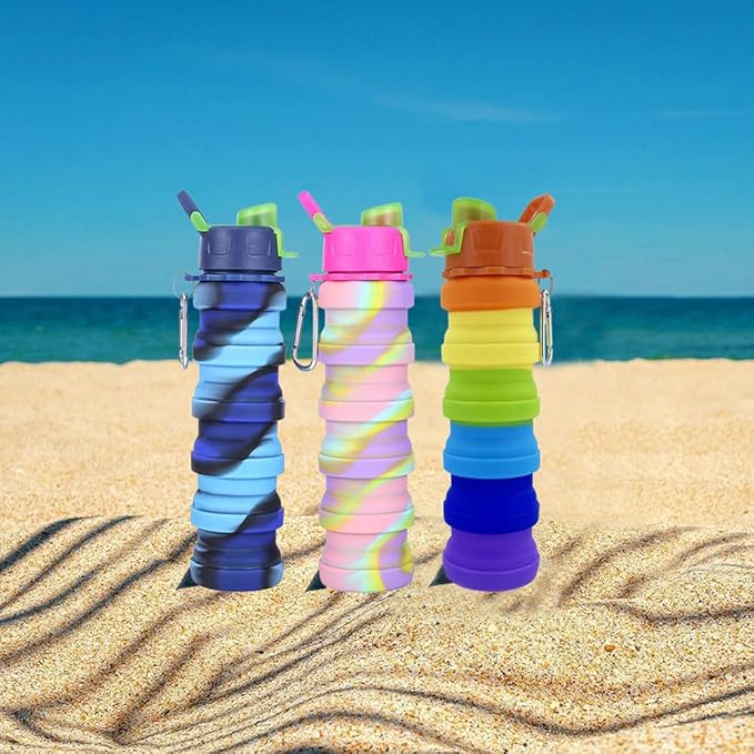 Collapsible Water Bottles 3 Pack Expandable Water Bottle 500ml for Travel Camping. (Colorful)