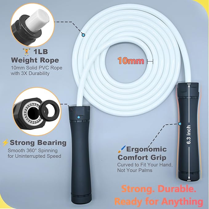 Weighted Jump Rope, 1LB Tangle-Free Ball Bearing Rapid Speed Skipping Rope for Men Women, Adjustable 9mm Cotton & PVC Rope with Alum Handle for Boxing MMA Weight-Loss Athletic Workout Fitness