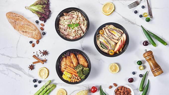 FULING 32 oz 50 ct Round Meal Prep Containers with Lids Plastic Food Storage Lunch Plan To Go Box Disposable Take Out Bowls Black BPA Free Reusable Durable Stackable Microwave Freezer Dishwasher Safe