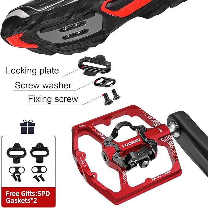 FOOKER MTB Mountain Bike Pedals, Dual Function Flat and Pedal,3 Sealed Bearing Flat Platform Compatible with Clipless Pedal Aluminum 9/16" Pedals with Cleats for Road Mountain BMX MTB