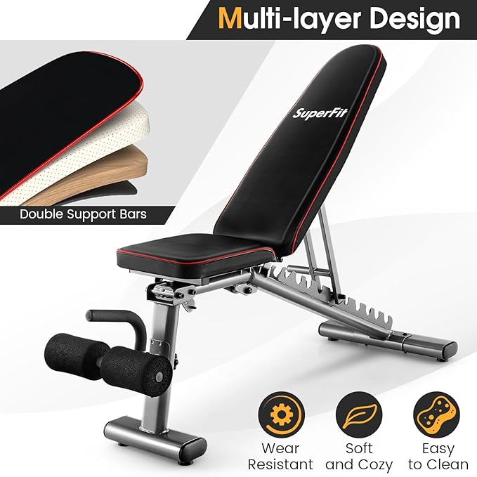 GYMAX Adjustable Weight Bench, 660lbs Strength Training Bench Press for Full Body Workout, Commercial Grade Decline Incline Flat Exercise Bench w/Built-in Wheels for Weight Lifting Fitness Equipment