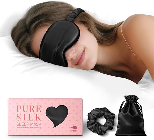 LitBear 100% Pure Silk Sleep Mask, 22 Momme 6A Mulberry Silk Fabric and Filling, Total Light Blocking Eye Mask Sleeping for Women, Men, Side Sleepers, Includes Travel Pouch and Scrunchie