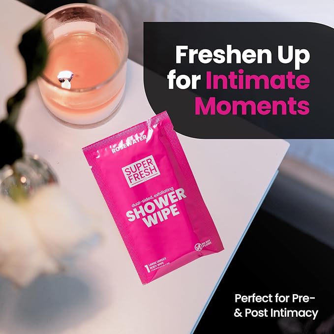 Super Fresh Shower Wipes Large RoseWater Body Wipes for No Rinse Bathing Personal Hygiene Gym Travel or Camping Enriched with Aloe and Vitamin E 20 Individually Wrapped Disposable Sheets