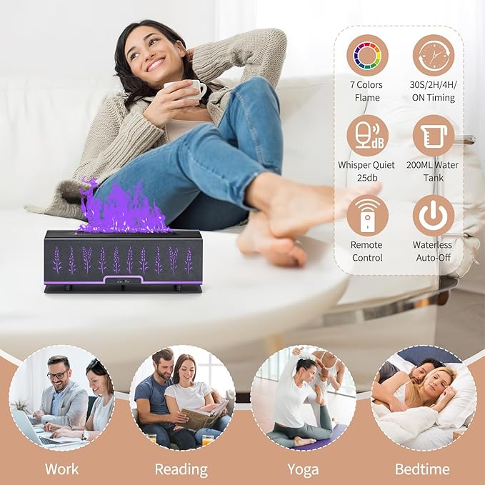 Colorful Essential Oil Diffuser, 7 Colors Flame Fire Diffuser, 200ML Ultra-Quiet Aromatherapy Diffuser with Remote Control, Timer Up, Auto-Off Protection for Home,Office,Bedroom (Grey Black)