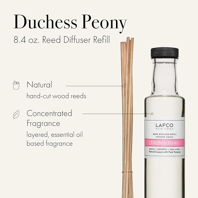LAFCO New York Reed Diffuser Refill, Duchess Peony - 8.4 oz - Up to 4-Month Fragrance Life - Includes Natural Wood Reeds - Free of Dyes & Propellants - Made in the USA