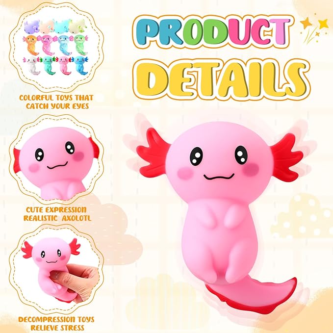 Meooeck 12 Pack Axolotl Stress Relief Toys Glitter Axolotl Starfish Stress Balls Fun Relaxing Squeeze Fidget Toys Relieve Anxiety Squeeze for Birthday Party Goodie Bag Stuffers(Classic)