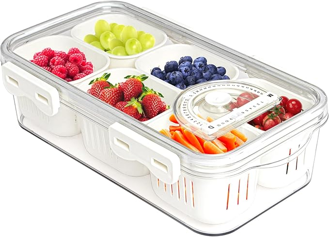 MineSign Divided Food Serving Tray with Lids Stackable Snackle Box for Candy Nuts Spice Fruit&Veggie Container with 6 Small Dividers Plastic Storage Bins for Fridge Pantry Freezer