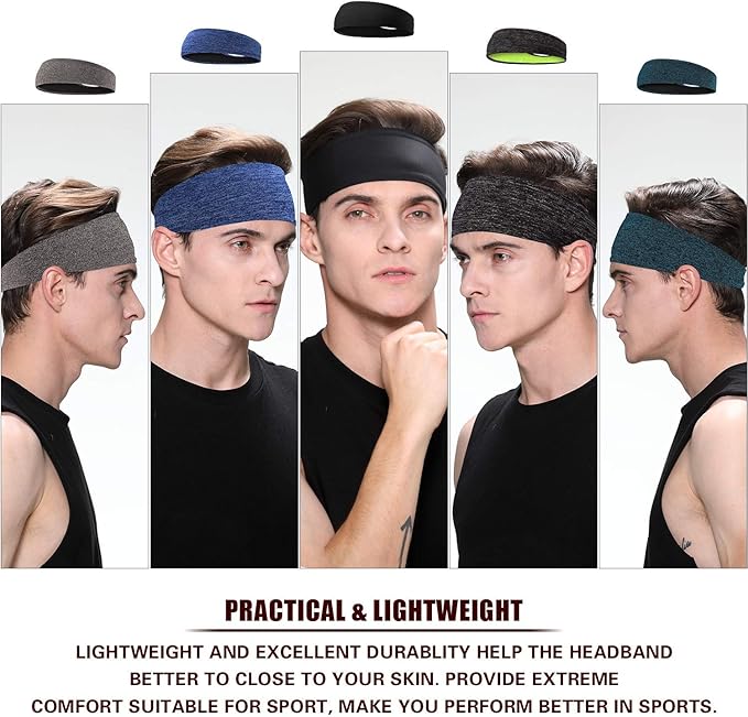 Braylin 5-Pack Breathable Sport Headbands for Men, Sweat-Wicking, Elastic Stretch