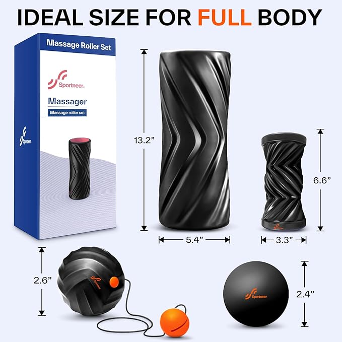 Sportneer 4 in 1 Foam Roller Set: Dual Textures Foam Roller, Foot Roller, Lacrosse Ball, Traction Massage Ball with String, Deep Massage Roller for Whole Body Release, Physical Therapy