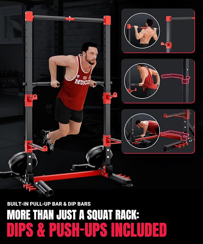 YOLEO Squat Rack with Adjustable Pull-Up Bar & Extended Safety Arms, Multi-Functional Power Racks Squat Stand for Home Gym, Garage & Basement, 35"-67" Width, Fixed 83” Frame Height, Pull-Up Bar Height 71.5"-80.5", Fits 6FT & 7FT Barbells