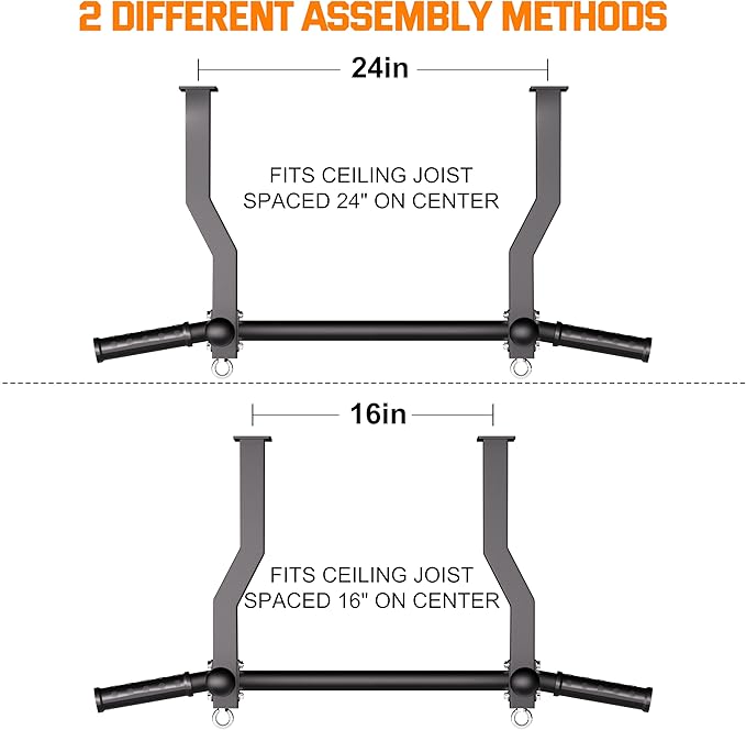 Pull Up Bar Ceiling Mount, 600LBS Heavy Duty Multi Grip Chin Up Bar, 24"/16" Rafter PullUp Bar, Ceiling Beam for Gym/Garage/Basement with Ball Finger & Round Anchors, Easy to Install