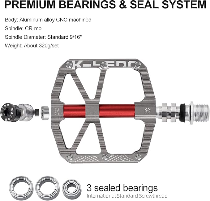 MTB Mountain Bike Pedal Platform Flat Bicycle Pedals Aluminum Alloy Non-Slip 9/16" Metal Bike Pedals with 3 Bearings for Road, BMX