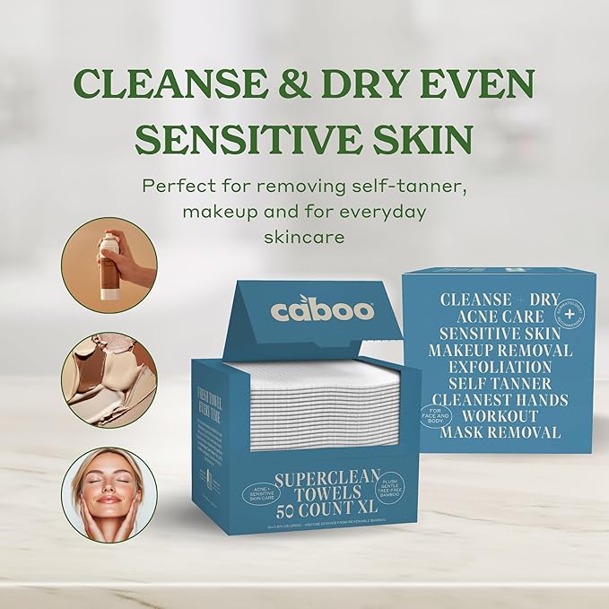 Caboo Bamboo Disposable Face Towels - 50 Count of Lint Free Single Use Face Towels - Soft, Biodegradable, & Extra Large (10 x 11.5 Inches) - Eco Friendly Alternative to Makeup Wipes & Wash Cloths