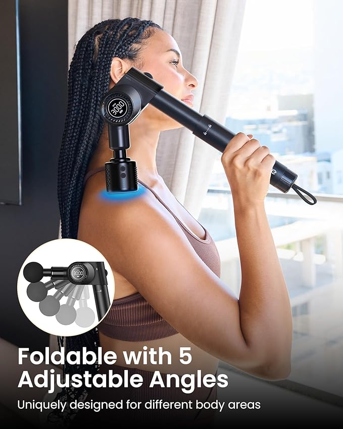 Massage Gun with Heat and Cold Head,Deep Tissue Percussion Back Massager for Muscle/Neck/Body Pain Relief with Long Extension Retractable Handle,32-Speeds,Foldable with 5 Adjustable Angles