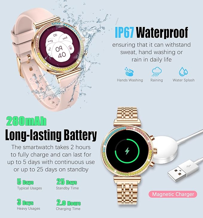 Fitness Smart Watch for Women, 1.27" HD Display, Bluetooth Calls, Waterproof Sports Women's Smartwatch, Heart Rate Monitor, Pedometer – Compatible with Android & iOS (Full Gold)