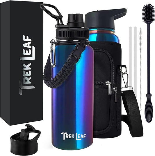 Travel Water Bottle with 3 Lids (Spout, Straw, Flip) Leak Proof, Quality, Vacuum Insulated, Stainless Steel (Twilight, 32 oz)