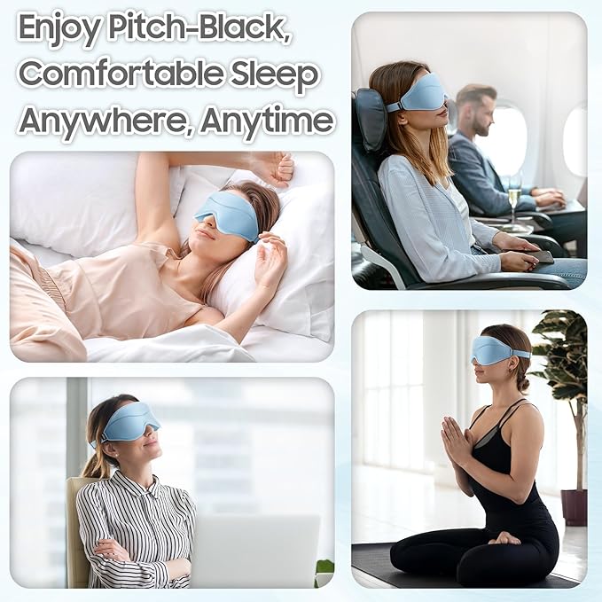 Sleep Mask - Total Blackout 3D Sleeping Mask, Super Lightweight & Silky Soft Eye Mask for Sleeping, Fully Adjustable Fit for Home, Office, Traveling, Meditation, Yoga, Light Blue