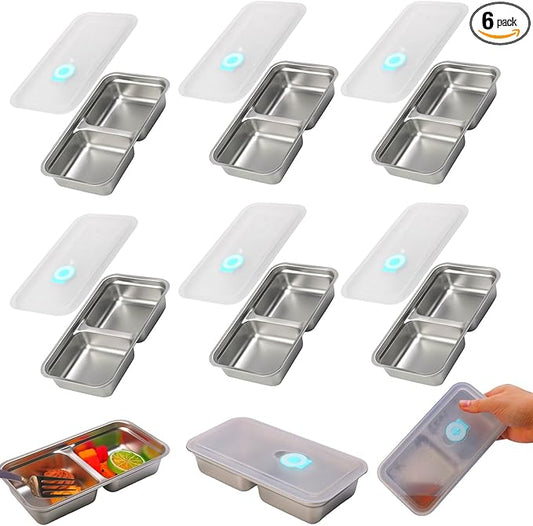 Grab and Go Snack Containers Reusable, 6 Pcs Stainless Steel Double Compartment Snack Containers, Dishwasher- Reusable Condiment with Lids for Snacks Dips and Outdoor Camping (6 PCS)