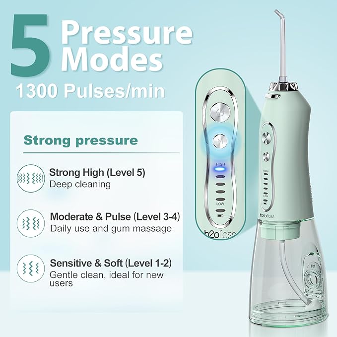 H2ofloss Water Dental Flosser Teeth Pick: Portable Cordless Oral Irrigator with 5 Modes, 300ML Rechargeable Travel Irrigation Cleaner IPX7 Waterproof Electric Flossing Machine for Teeth Cleaning Green