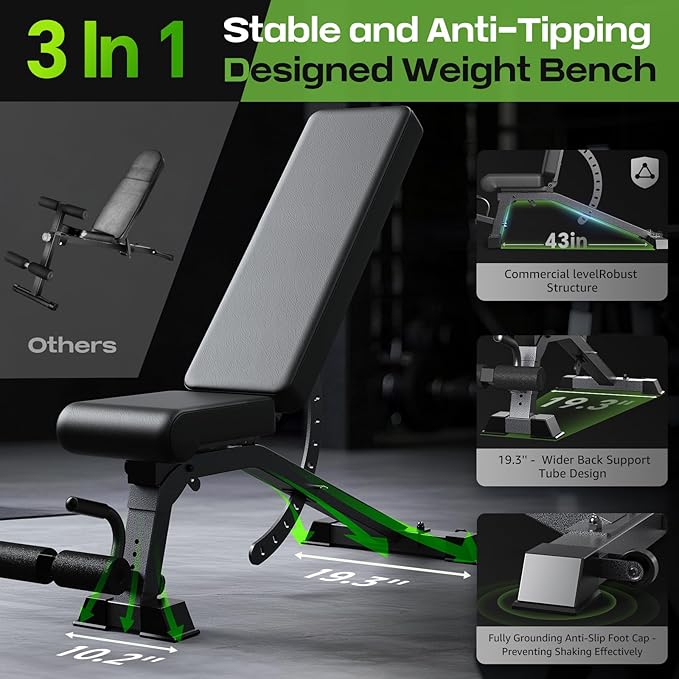 Weight Bench, 1200LB Heavy Duty Workout Bench for Home Gym, Commercial Incline-Flat-Decline Bench Press with Adjustable angles for Full Body Fitness, 4 Suitable Leg Rest Gears with Fully Upright Backrest