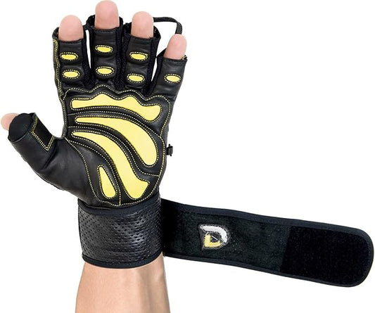 Elite Leather Gym Gloves with Built in 2" Wide Wrist Wraps Grip & Design for Weightlifting Power Lifting Bodybuilding & Strength Training Workout Exercises