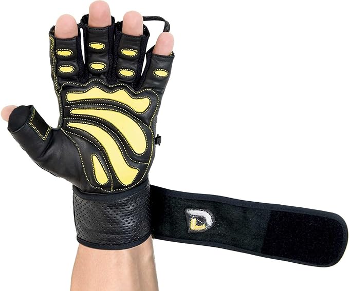 Elite Leather Gym Gloves with Built in 2" Wide Wrist Wraps Grip & Design for Weightlifting Power Lifting Bodybuilding & Strength Training Workout Exercises