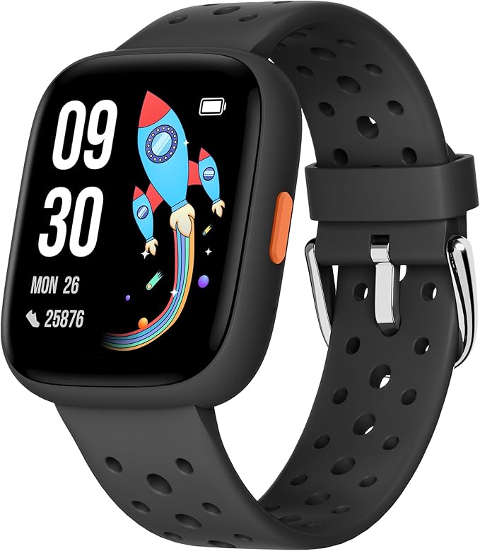 BIGGERFIVE Smart Watch for Kids, 1.8" Fitness Tracker Watch Pedometer, Heart Rate, Sleep Monitor, IP68 Waterproof, Calorie Step Counter, Puzzle Games with/Without APP for Girls Boys Teens 5-16, Black