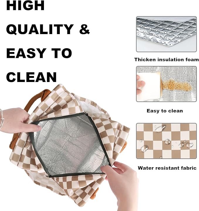 Joymee Lunch Bag Women Insulated Lunch Box Reusable Leakproof Large Spacious Cooler Tote for Women Men Adult with Bottle Holder and Side Pockets for Work Office Travel Picnic - Checker Brown