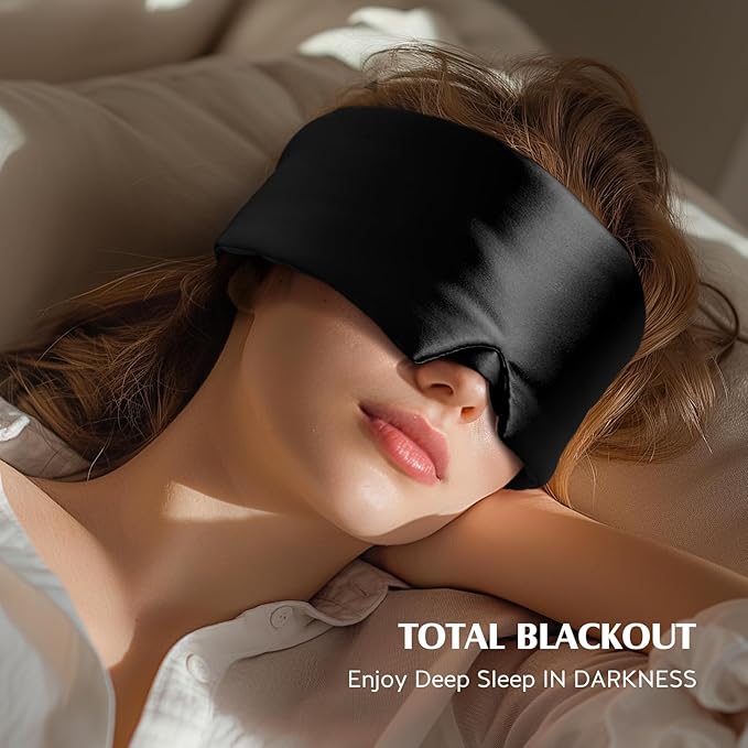 YFONG 100% Mulberry Silk Sleep Mask, Total Blackout Eye Mask for Women & Men, 22 Momme 6A Grade Silk with Adjustable Band Designed for Side Sleeper Black