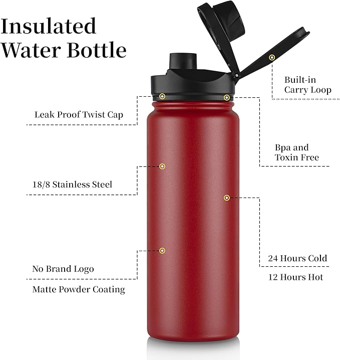 24 oz Insulated Water Bottle with Straw Lid & Wide Mouth Lids, Stainless Steel Sports Water Bottles, Double Walled Vacuum, Leak Proof, Red