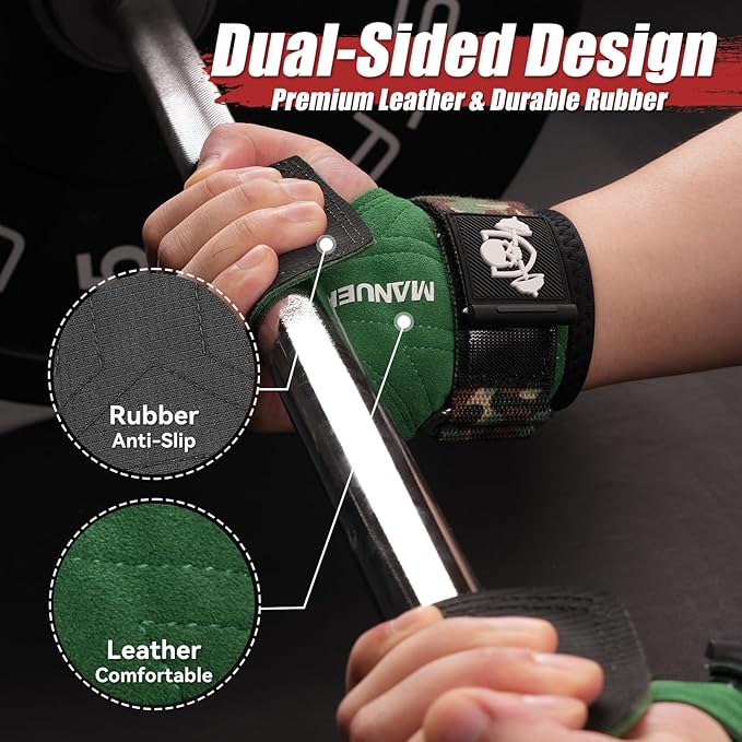 MANUEKLEAR Gym Straps Weight Lifting, Double Leather Lifting Straps for Men Deadlift with Cushion Wrist Loop, Gym Lifting Wrist Wraps for Weightlifting