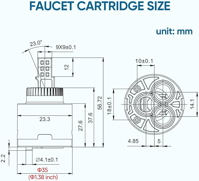 Faucet Cartridge Replacement Diameter 35mm Double Sealing with 90 Degree Rotation Ceramic Cartridge Valve Suitable for Single Handle Kitchen Basin Shower Faucet Replacement Parts (35mm)