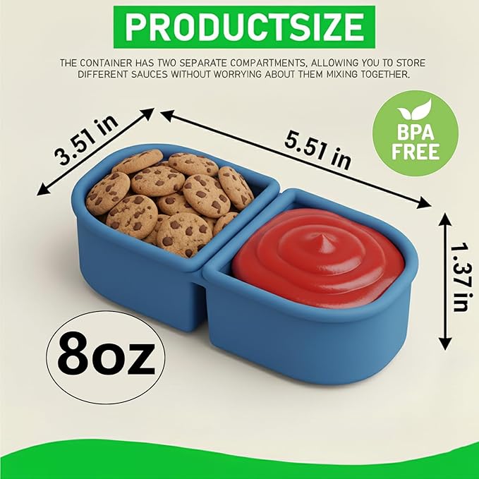 4 Sets Silicone Snack Containers with Lids, Reusable Double Compartment Plastic Container for Sauce Snack,Compact Food Storage for School, Office, Travel,Condiment Container with Lid (4 Colors)