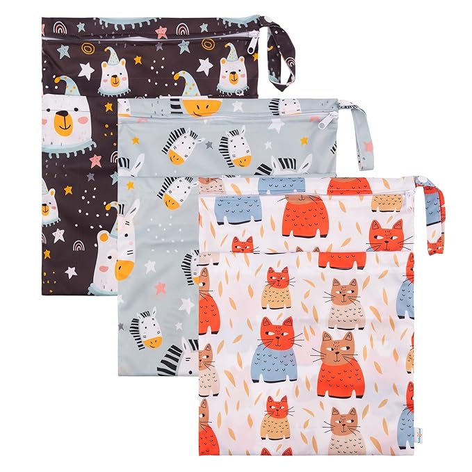 babygoal Wet Dry Bags for Baby Cloth Diapers, Washable Travel Bags, Beach, Pool, Gym Bag for Swimsuits & Wet Clothes with Two Zippered Pockets 3 Pack, 3LN26