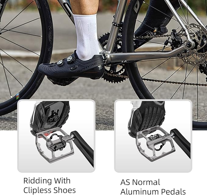 FOOKER MTB Mountain Bike Pedals, Dual Function Flat and Pedal,3 Sealed Bearing Flat Platform Compatible with Clipless Pedal Aluminum 9/16" Pedals with Cleats for Road Mountain BMX MTB