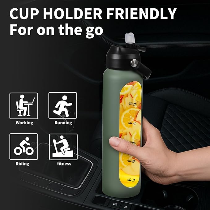 32 oz Glass Water Bottles with 2 Lids-Handle Spout Lid & Straw Lid 1 Liter Motivational Borosilicate Water Bottle with Silicone Sleeve and Time Marker,Leakproof