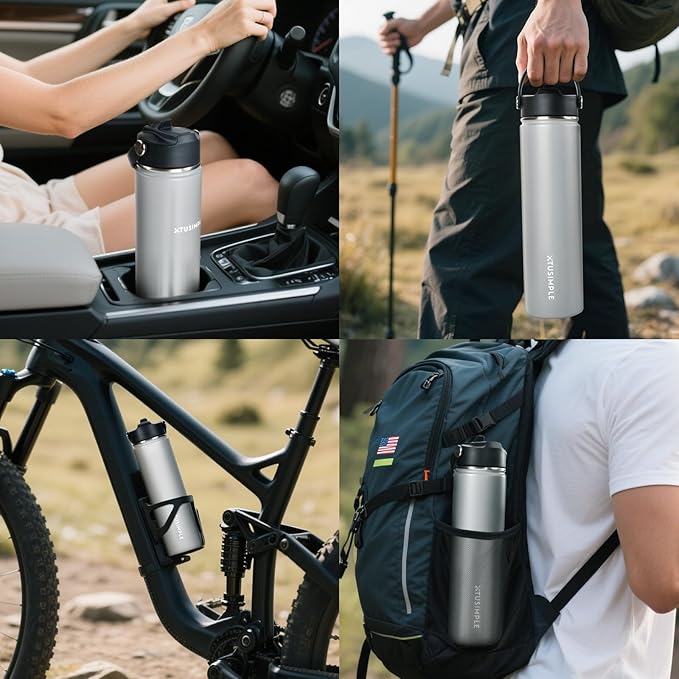 24oz Insulated Travel Water Bottle - Stainless Steel, Leakproof - Keep Hot for 12hrs & Cold for 30hrs - for Outdoors, Sports, Bike, Gym, Marathon - Gift for Women, Men (Gray)