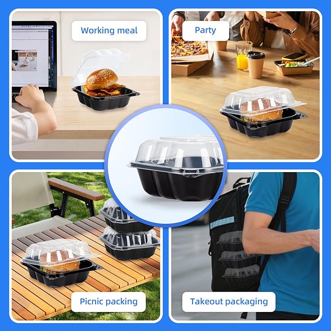 YANGRUI Plastic Containers 6" 17 oz 55 Pack - Reusable Crystal View Anti Fog Lid BPA Free PP Clamshell Food Container | Shrink Wrap Freezer & Microwave Safe | Catering Hotel Grade Black Burger Box