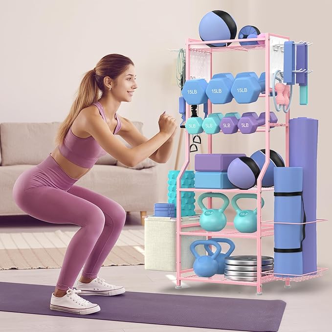 Dumbbell Rack, Home Gym Storage for Kettlebells, Yoga Mat & Strength Training Equipment, Weight Rack With Peg Board Organizer, Workout Gym Equipment Storage