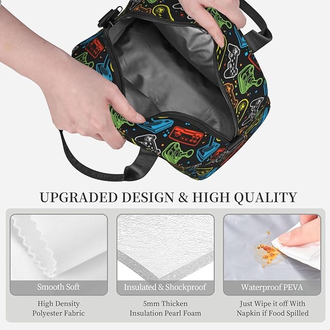 Game Reusable Insulated Lunch Box Waterproof Lunch Bag with Detachable and Adjustable Shoulder Strap for Office Picnic or Travel