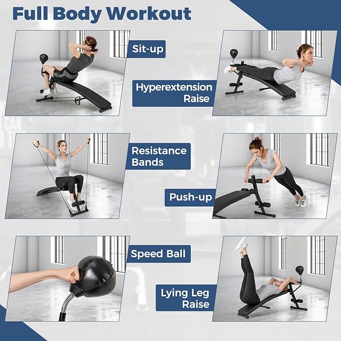 GYMAX 3 in 1 Decline Ab Bench with Speed Ball & Resistance Bands, 5-Level Adjustable, 300 lbs Weight Capacity
