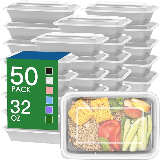 50 Pack (100-Piece) 32 oz Meal Prep Containers Reusable with Easy Open Lids, Sturdy Leakproof Food Safe, Microwave Freezer Dishwasher Safe, To Go Take Out Plastic Food Storage Pans with Lids, Silver
