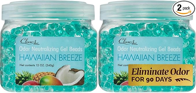 Clear Air Odor Eliminator Gel Beads - 12 oz, Pack of 2 - Air Freshener Made with Essential Oils - Eliminates Odors in Bathrooms, Cars, Boats, RVs & Pet Areas - Hawaiian Breeze Scent