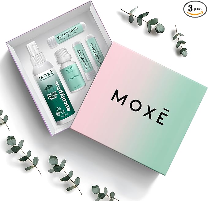 MOXĒ Eucalyptus Aromatherapy Gift Set, Essential Oil, Shower Steamer Spray, Portable Nasal Inhalers, Diffuser Essential Oil, Sinus & Congestion Relief, Therapeutic Grade, Made in USA
